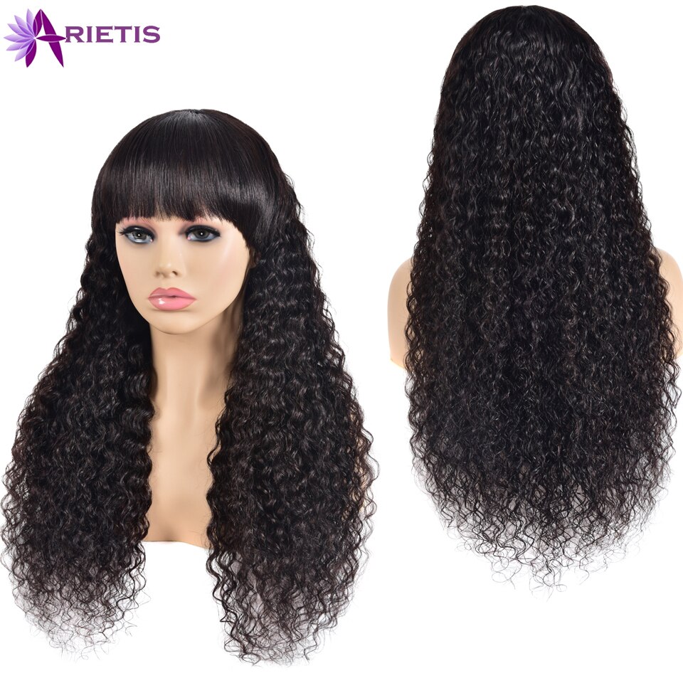 Glueless Water Wave Wig Peruvian Human Hair Wigs With Bangs Full Machine Made Wig For Black 1871